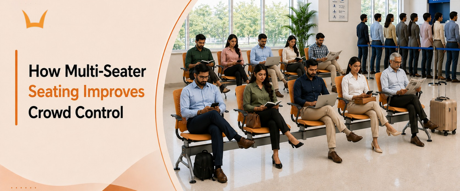 People seated on multi-seater chairs in an airport waiting area.
