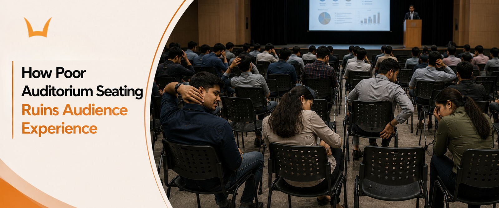 Uncomfortable audience slouching on black chairs during a poorly seated auditorium presentation