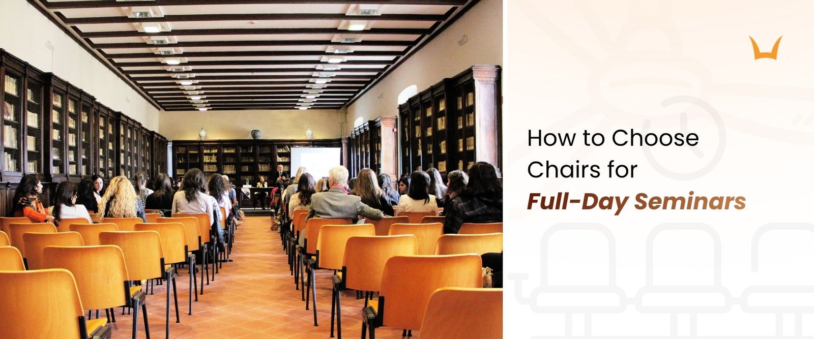 Audience seated on orange chairs in a hall during a full-day seminar presentation.