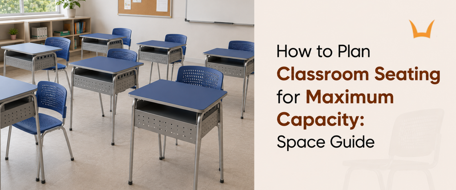 Blue classroom chairs and desks arranged in a room for maximum seating capacity planning