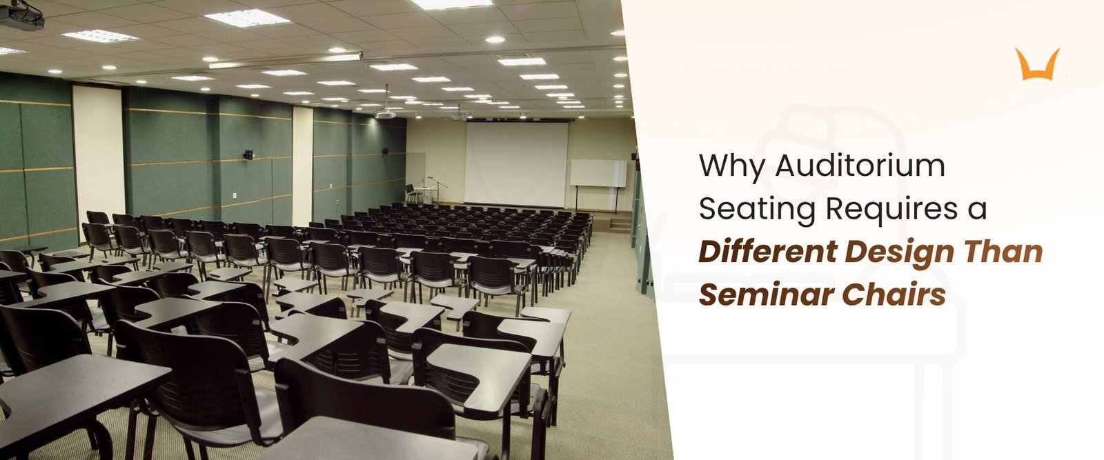 Rows of chairs with writing pads in an auditorium highlighting design differences from seminar chairs.
