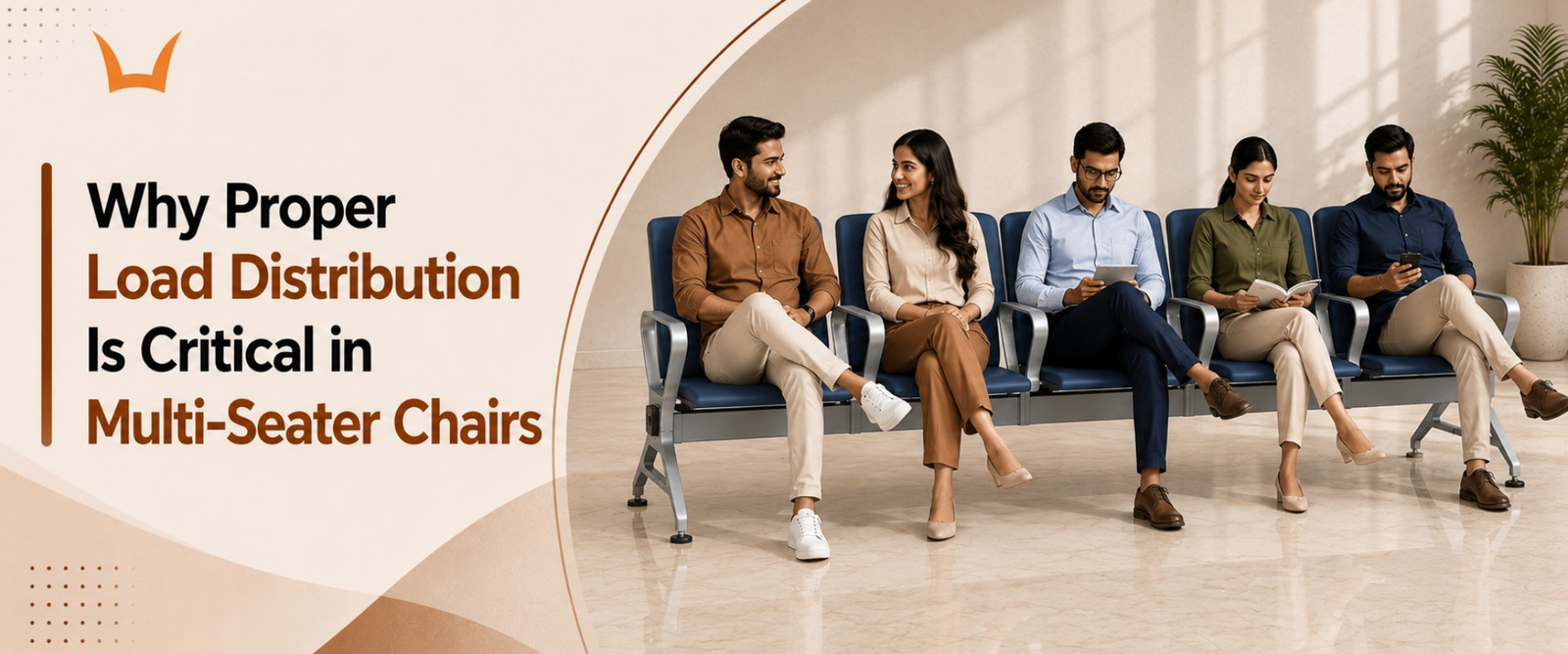 Five people on a blue multi-seater bench showing load distribution importance.