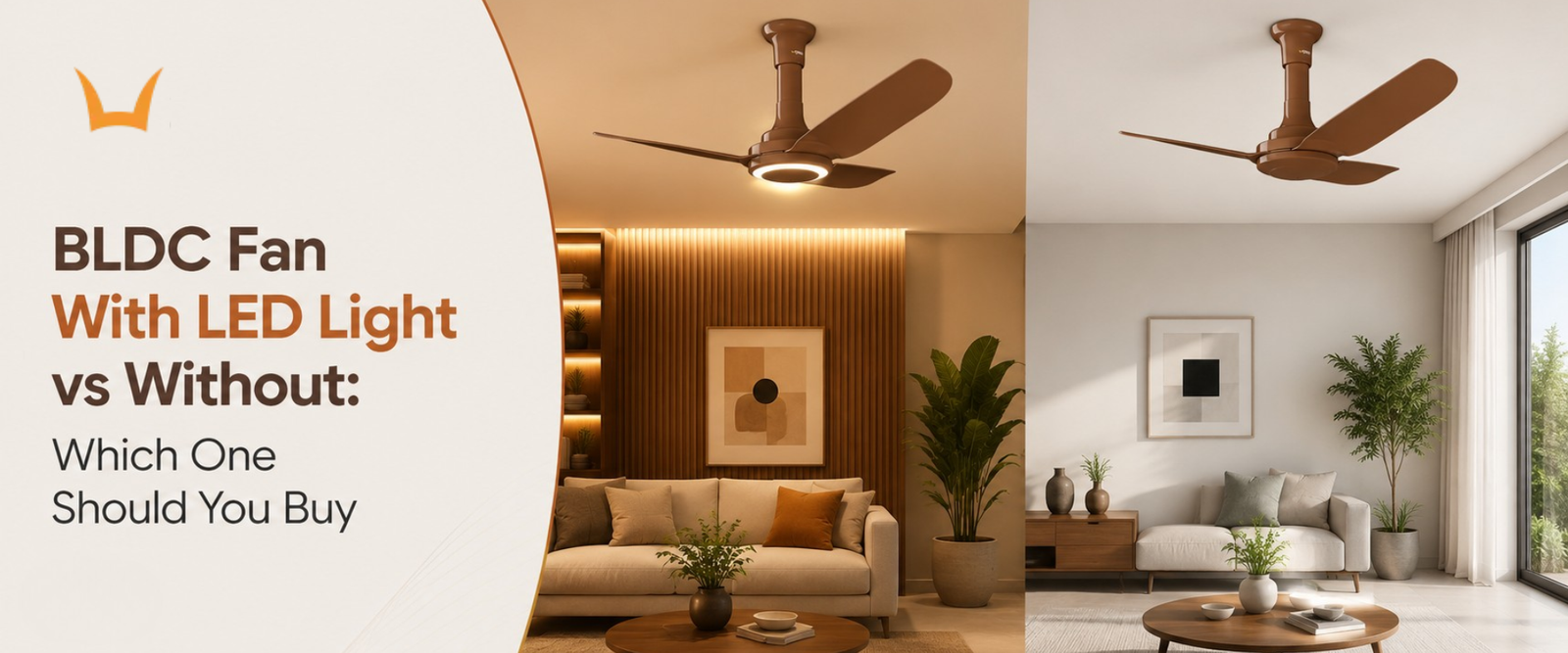 Split image comparing brown ceiling fans with and without LED