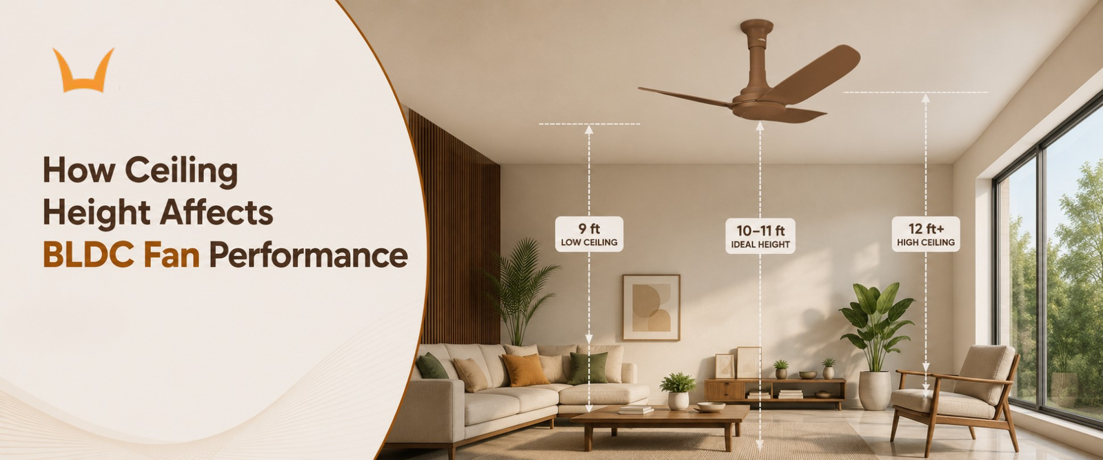Brown ceiling fan with height markers showing 9 to 12 feet