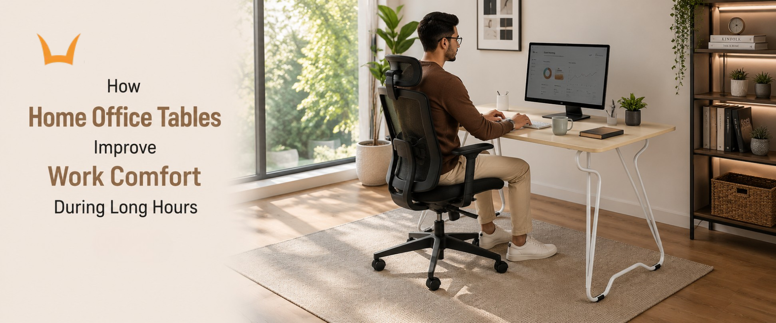 Man working at white-legged desk with ergonomic mesh chair