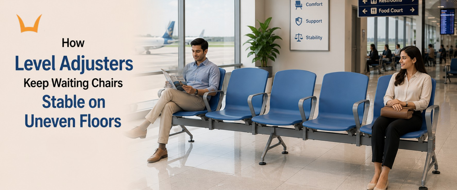 Blue airport beam seating with visible floor-leveling adjusters shown