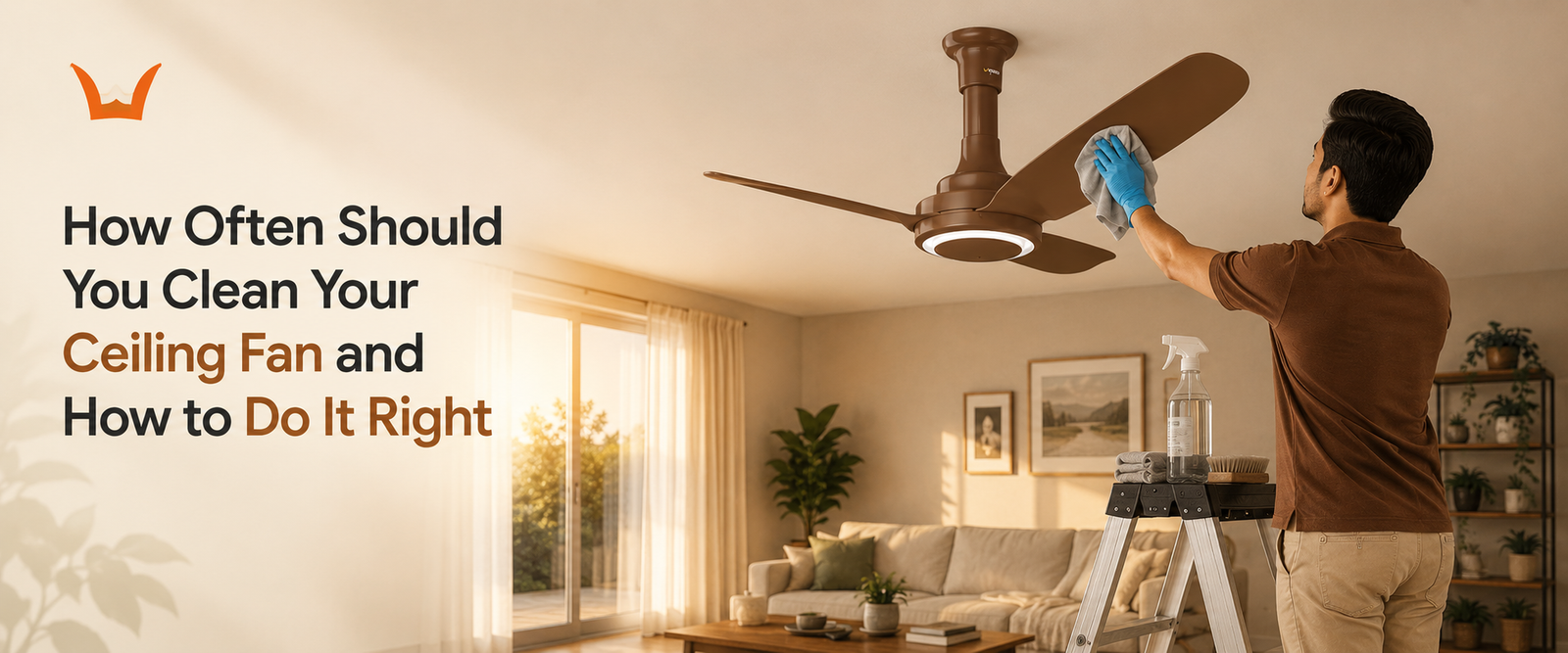 Person wiping brown ceiling fan blade with cloth spray