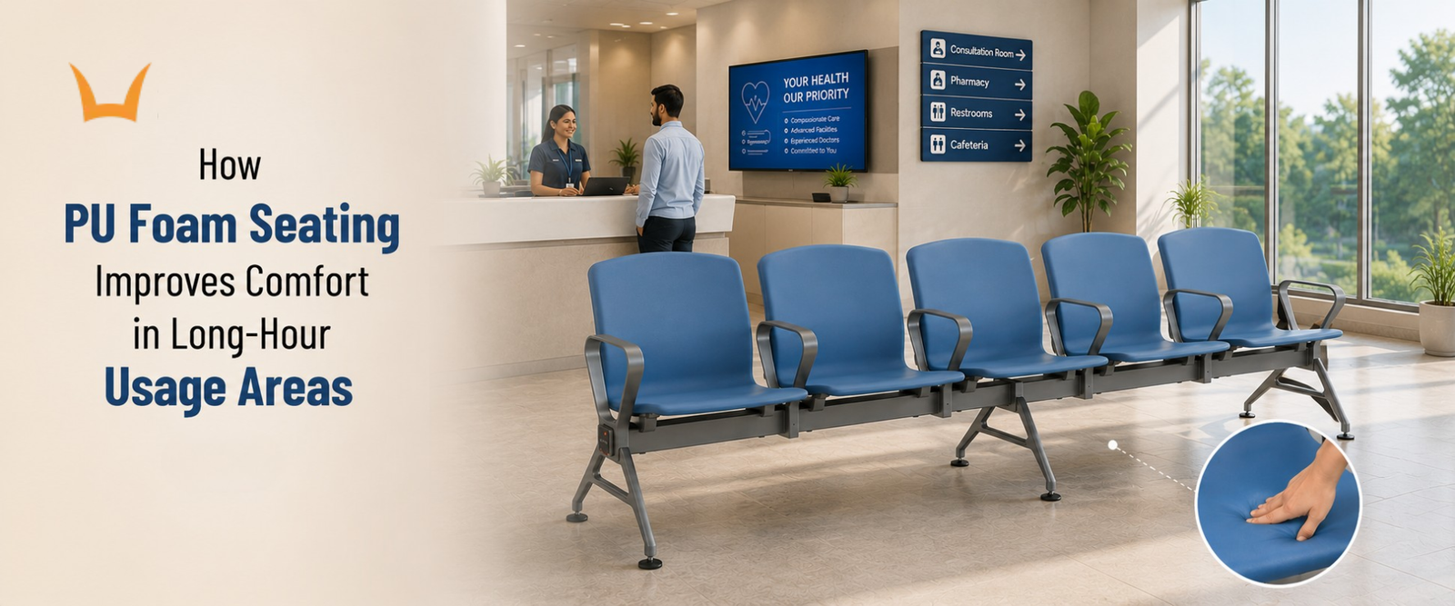 Blue cushioned beam seating in hospital waiting area