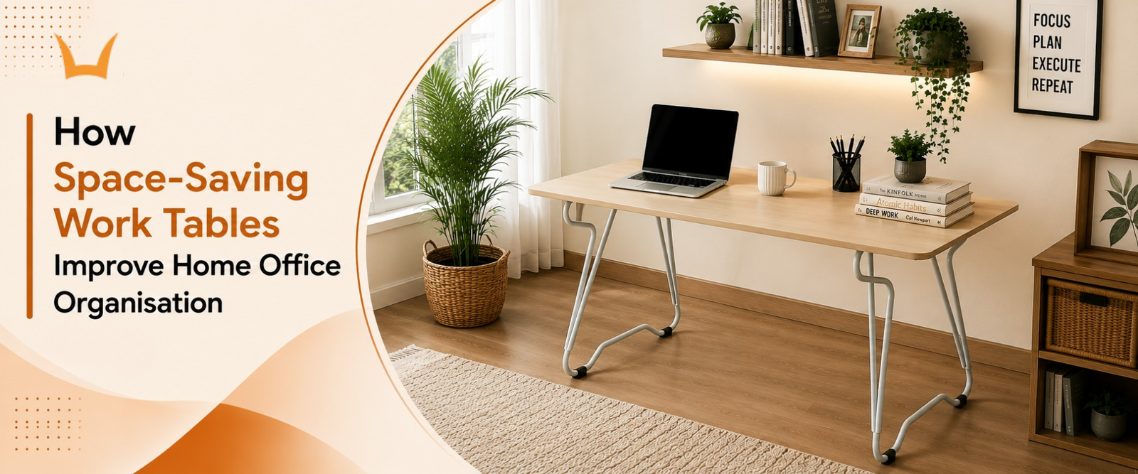 Compact wooden desk with laptop and books in home