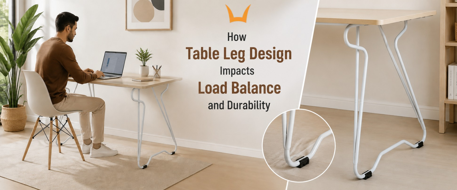 Man works at laptop desk showing sturdy white table legs