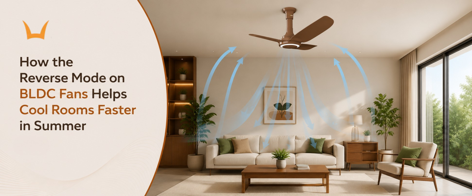Brown ceiling fan with arrows showing reverse airflow cooling room