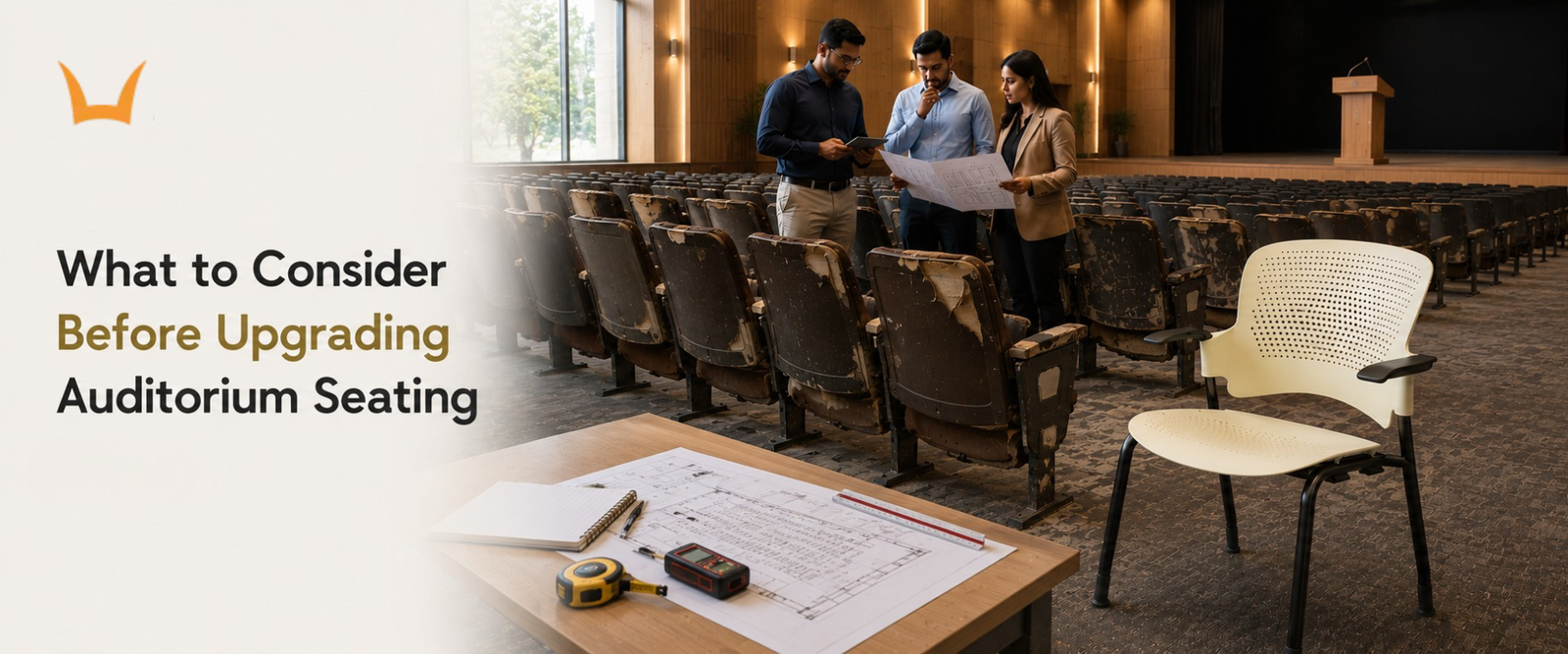 Team reviewing blueprints beside worn auditorium seats and chair