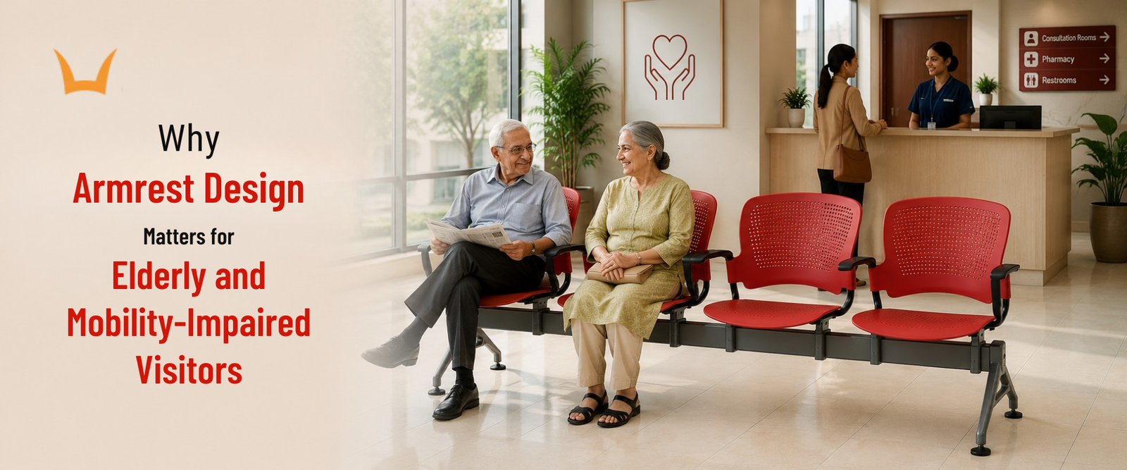 Elderly couple sitting on red beam seating with armrests