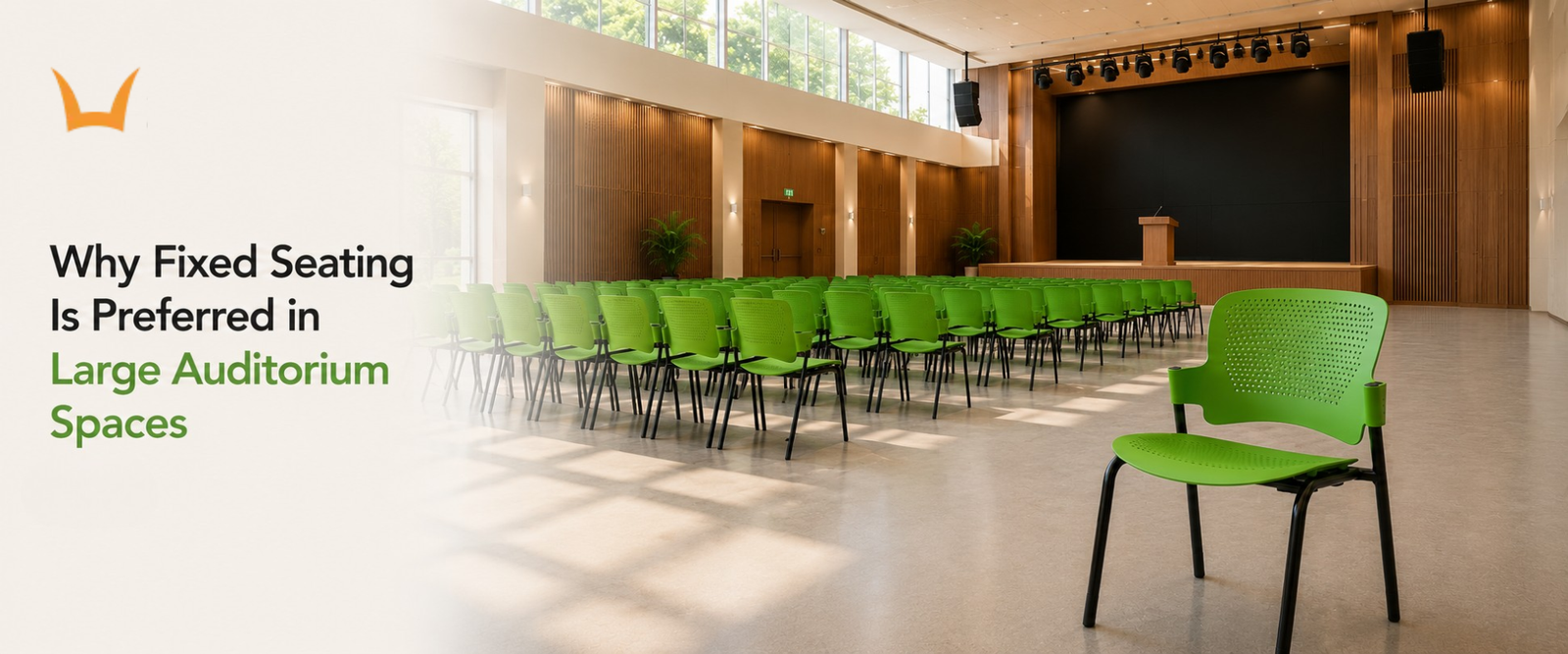 Rows of green stacking chairs arranged in large auditorium