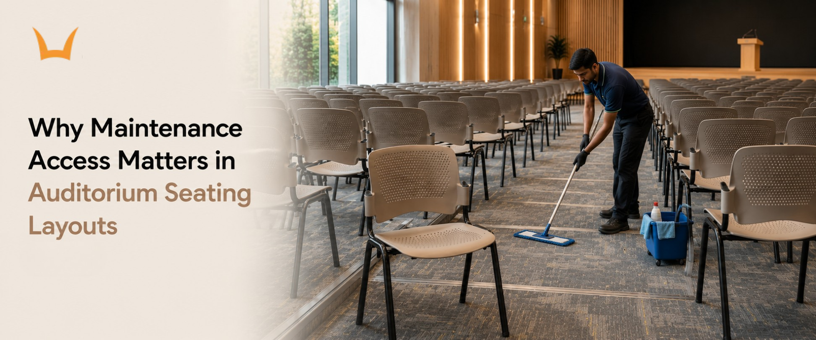 Worker mopping floor between rows of auditorium seating chairs