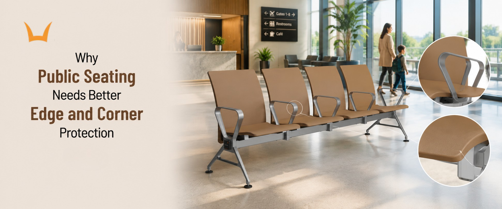 Brown airport bench seating with reinforced edge corner protection