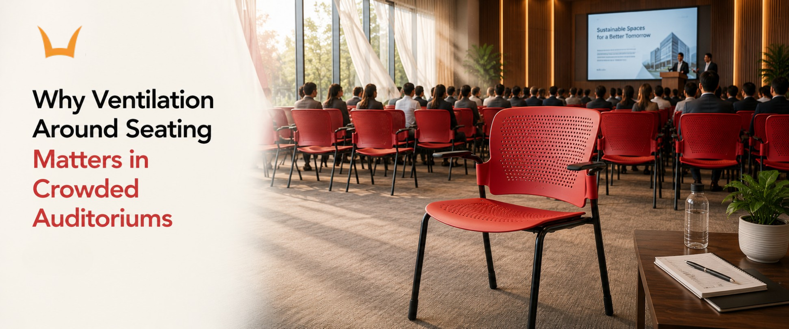 Red perforated chairs arranged in rows inside sunlit auditorium
