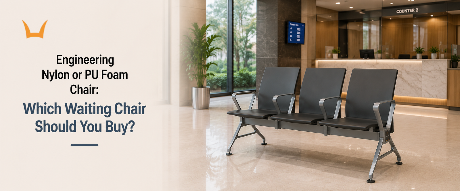 Three-seater black gang waiting chairs in office reception lobby