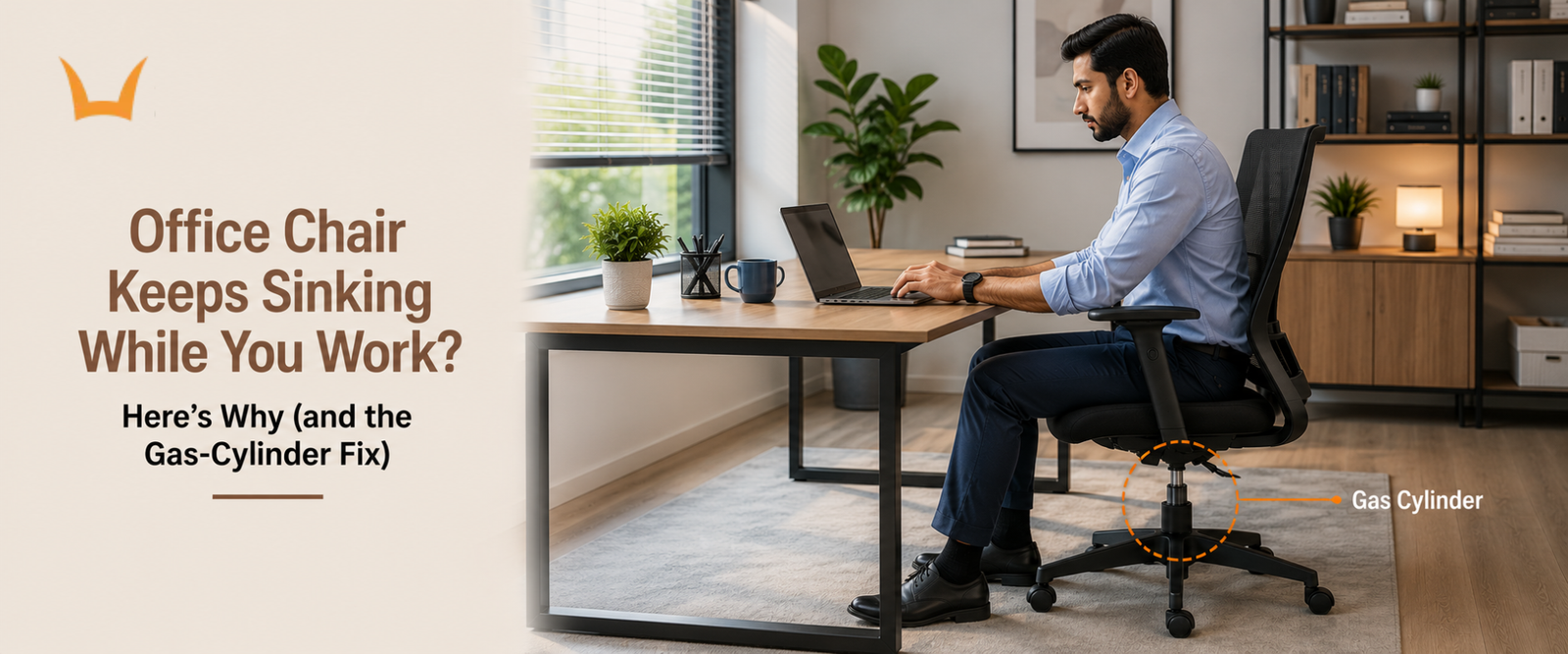Man at desk with office chair gas cylinder highlighted