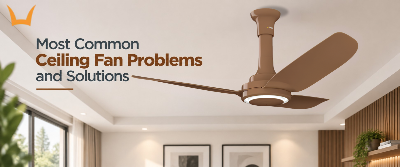 Modern brown ceiling fan installed in bright contemporary living room.