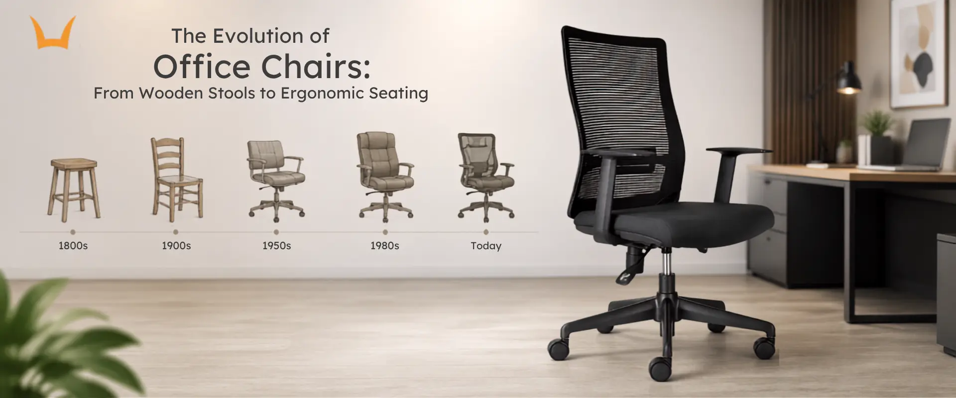 Evolution of office chairs from wooden stools to ergonomic seating.