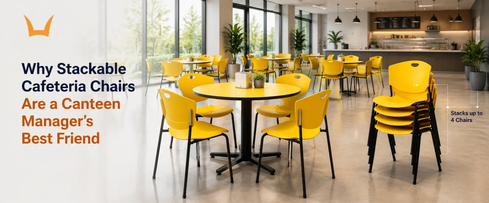 Stackable cafeteria chairs arranged inside a modern workplace canteen.