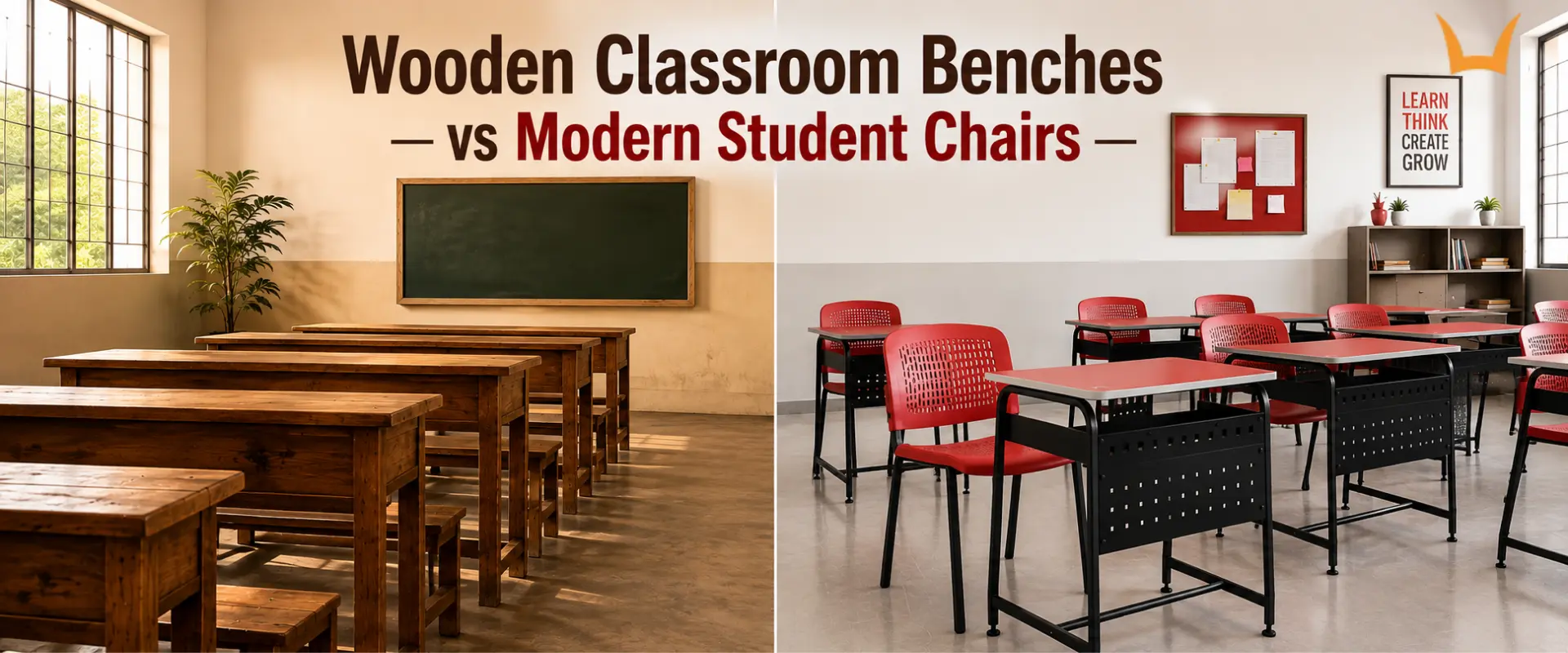 Wooden classroom benches compared with modern ergonomic student chairs.